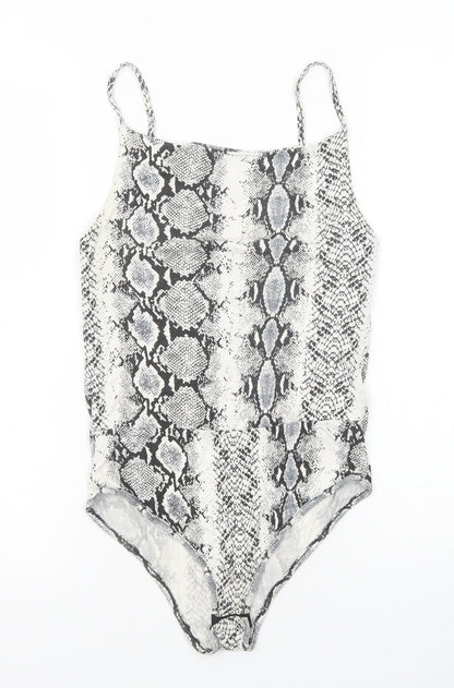 New Look Womens Black Animal Print Viscose Bodysuit One-Piece Size 10 Snap - Snakeskin Pattern