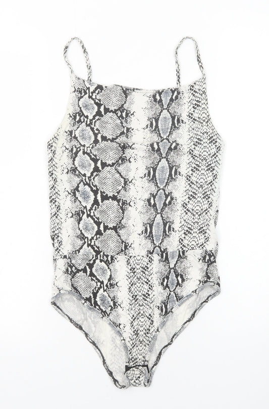 New Look Womens Black Animal Print Viscose Bodysuit One-Piece Size 10 Snap - Snakeskin Pattern