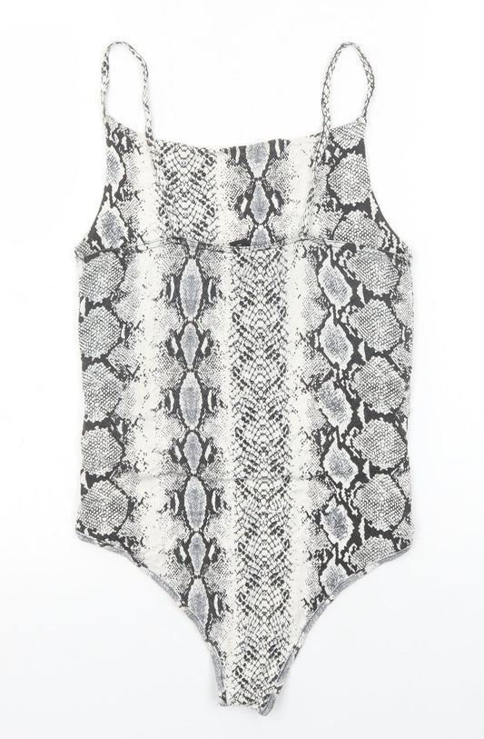 New Look Womens Black Animal Print Viscose Bodysuit One-Piece Size 10 Snap - Snakeskin Pattern