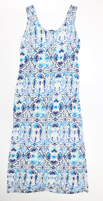 Marks and Spencer Womens Blue Geometric Viscose Tank Dress Size 18 Scoop Neck Pullover