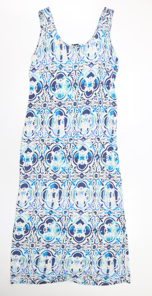 Marks and Spencer Womens Blue Geometric Viscose Tank Dress Size 18 Scoop Neck Pullover