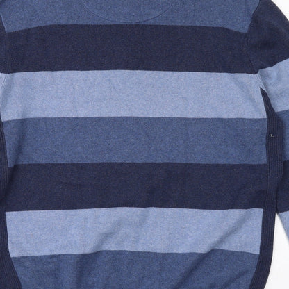 Maine Mens Blue High Neck Striped Cotton Henley Jumper Size L Long Sleeve