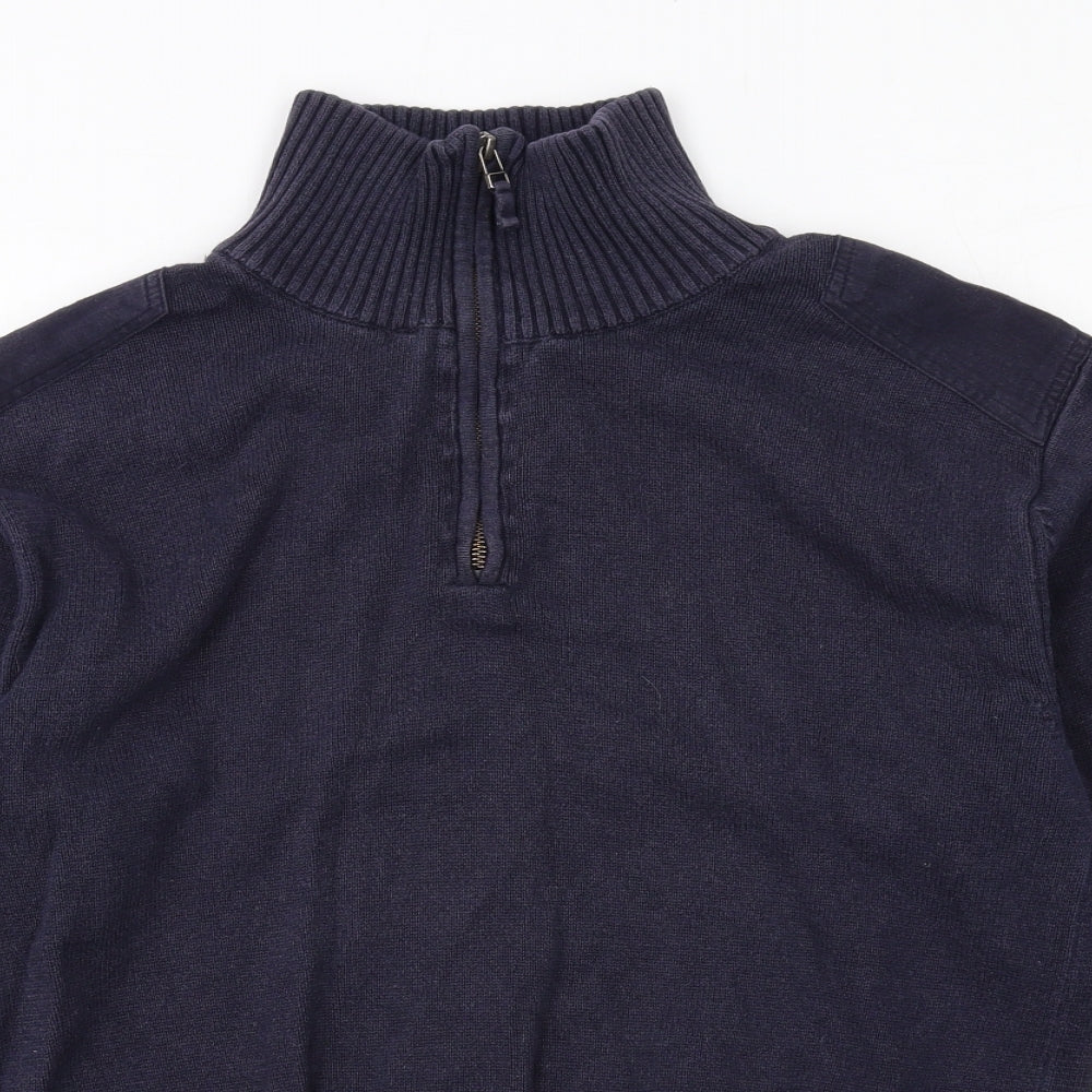 James Harvest Mens Blue High Neck Cotton Full Zip Jumper Size M Long Sleeve