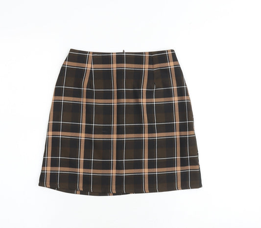 Miss Selfridge Womens Brown Plaid Polyester A-Line Skirt Size 4 Zip