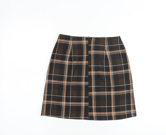 Miss Selfridge Womens Brown Plaid Polyester A-Line Skirt Size 4 Zip