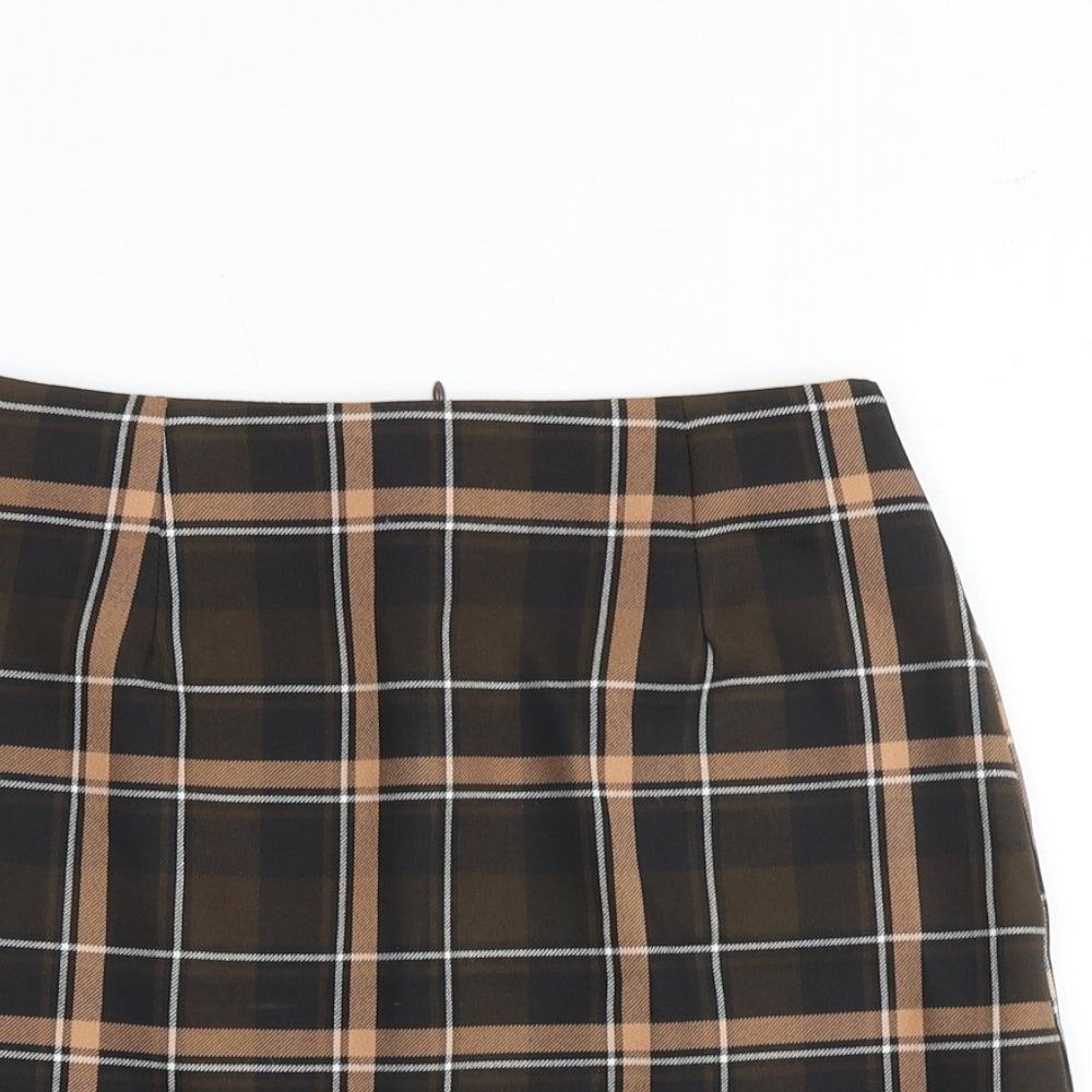 Miss Selfridge Womens Brown Plaid Polyester A-Line Skirt Size 4 Zip