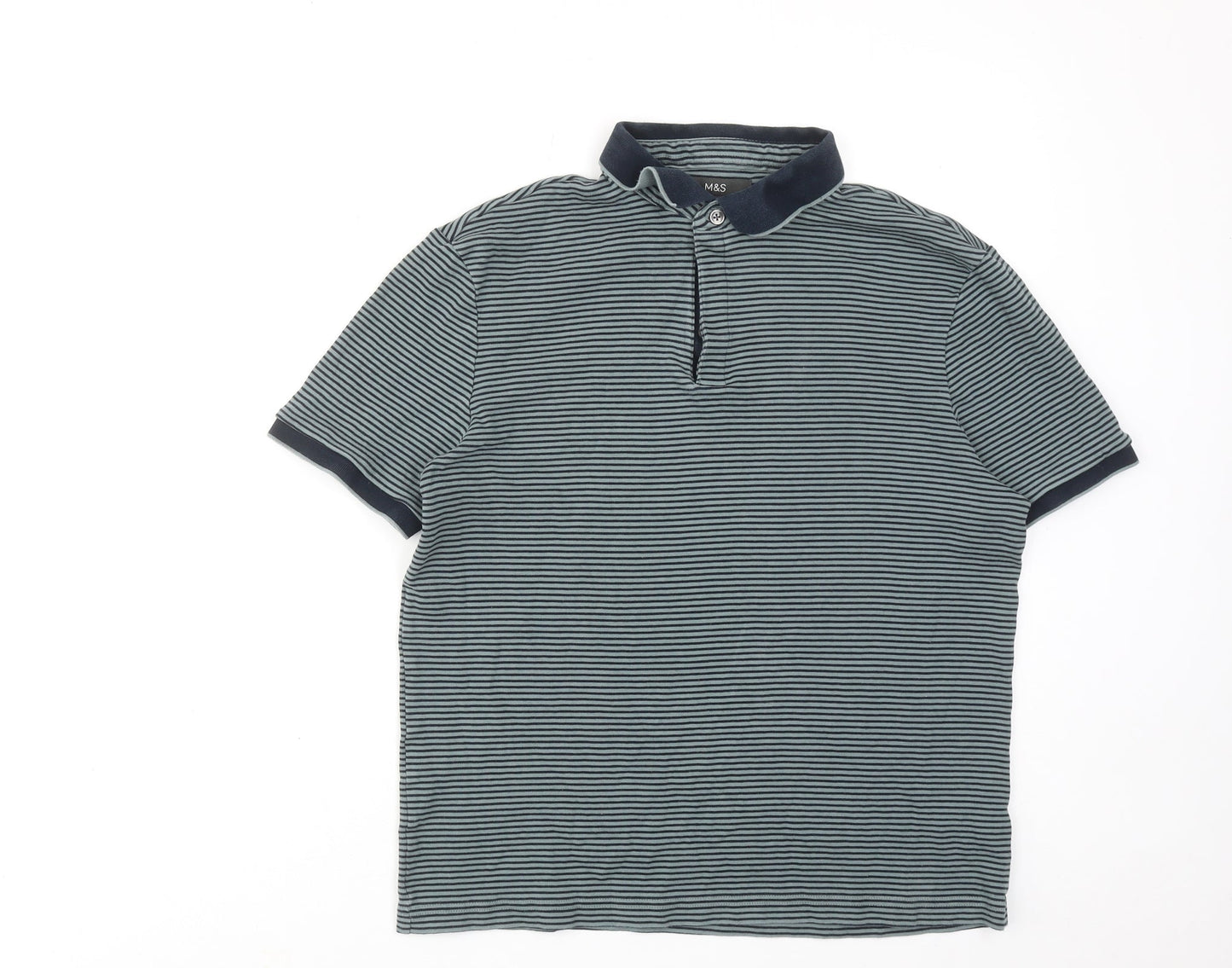 Marks and Spencer Mens Green Striped Cotton Polo Size M Collared Button