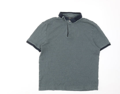 Marks and Spencer Mens Green Striped Cotton Polo Size M Collared Button