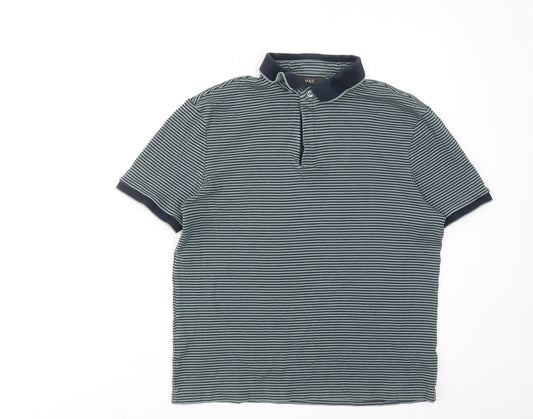 Marks and Spencer Mens Green Striped Cotton Polo Size M Collared Button