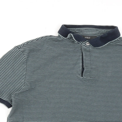 Marks and Spencer Mens Green Striped Cotton Polo Size M Collared Button