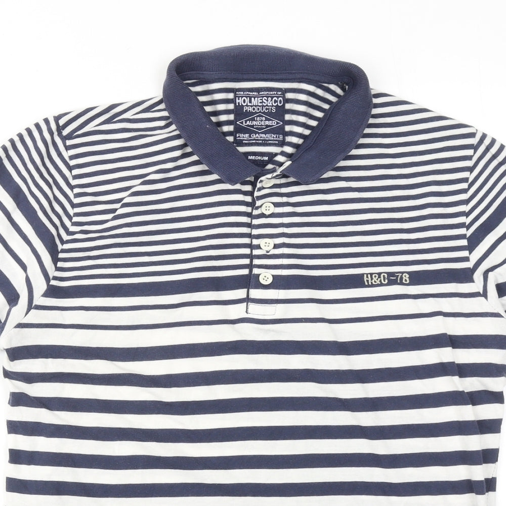 Holmes Mens Blue Striped Cotton Polo Size M Collared Button