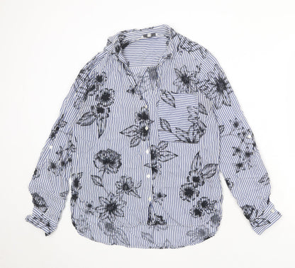 NEXT Womens Blue Striped Viscose Basic Button-Up Size 8 Collared - Flowers