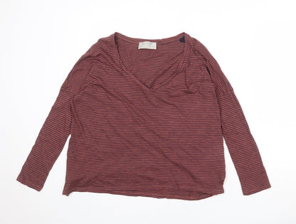 Zara Womens Pink Striped 100% Cotton Basic Blouse Size S V-Neck