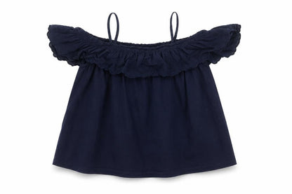 Front view of Gap girls’ blue 100% cotton basic blouse, size L, square neck pullover - cold shoulder