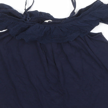 Brand and care label for Gap girls’ blue 100% cotton basic blouse, size L, square neck pullover - cold shoulder