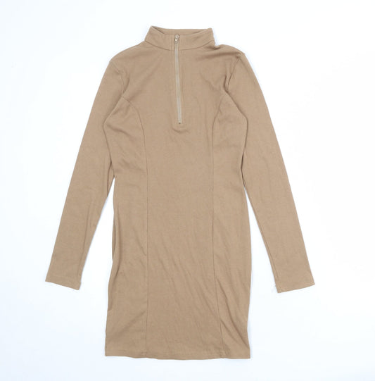 Naanaa Womens Beige Polyester Bodycon Size 8 Mock Neck Zip - Ribbed