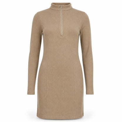Naanaa Womens Beige Polyester Bodycon Size 8 Mock Neck Zip - Ribbed