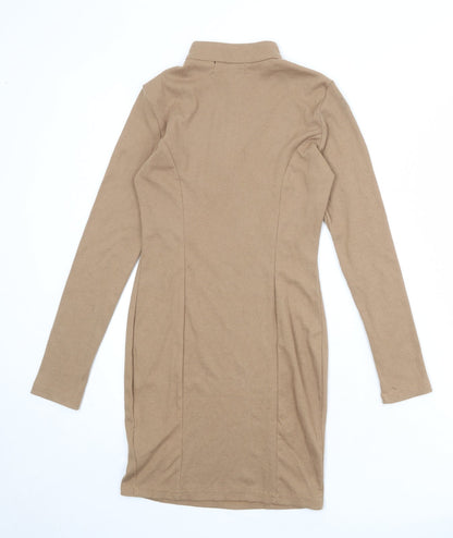 Naanaa Womens Beige Polyester Bodycon Size 8 Mock Neck Zip - Ribbed