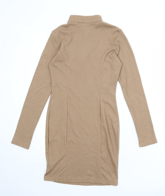 Naanaa Womens Beige Polyester Bodycon Size 8 Mock Neck Zip - Ribbed