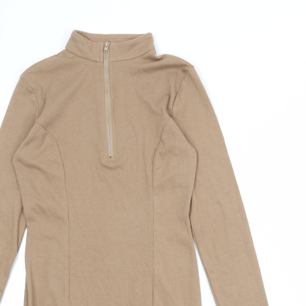 Naanaa Womens Beige Polyester Bodycon Size 8 Mock Neck Zip - Ribbed