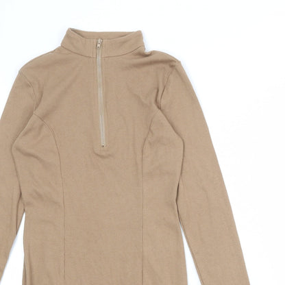 Naanaa Womens Beige Polyester Bodycon Size 8 Mock Neck Zip - Ribbed