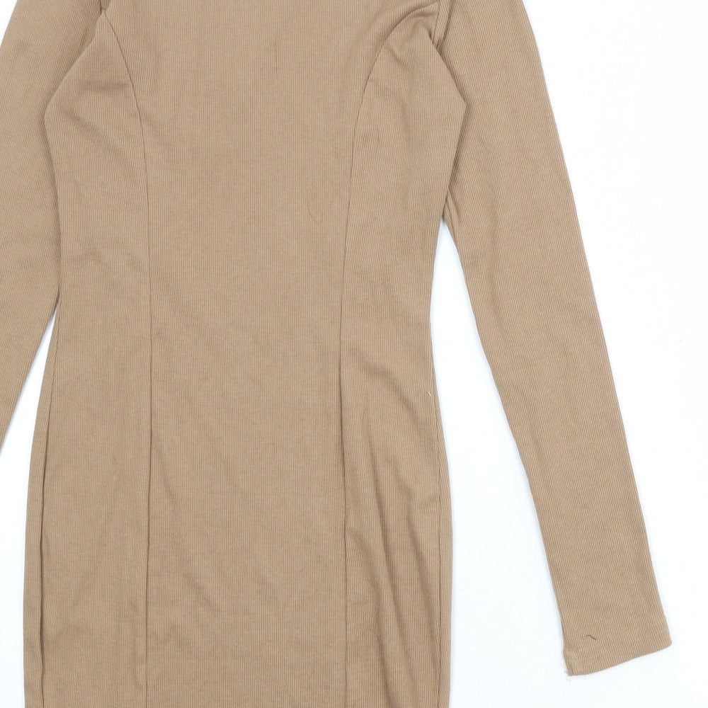 Naanaa Womens Beige Polyester Bodycon Size 8 Mock Neck Zip - Ribbed