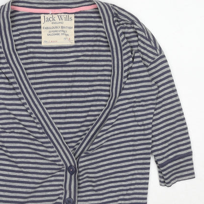 Jack Wills Womens Grey V-Neck Striped Cotton Cardigan Jumper Size 8