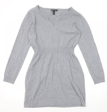 Mango Womens Grey Cotton Jumper Dress Size M V-Neck Pullover