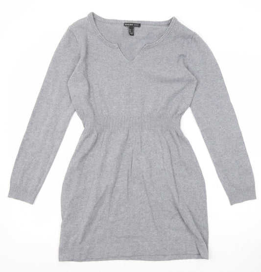 Mango Womens Grey Cotton Jumper Dress Size M V-Neck Pullover