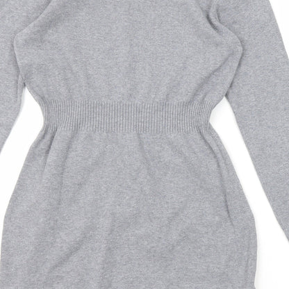 Mango Womens Grey Cotton Jumper Dress Size M V-Neck Pullover