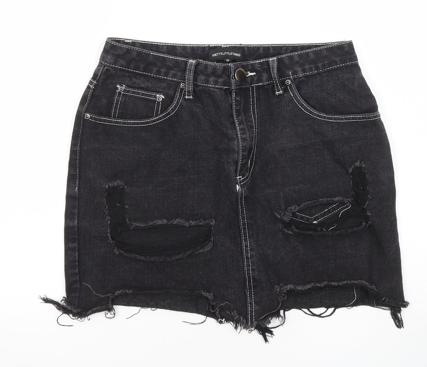 PRETTYLITTLETHING Womens Black Cotton Mini Skirt Size 10 Zip - Distressed look