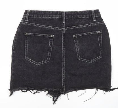 PRETTYLITTLETHING Womens Black Cotton Mini Skirt Size 10 Zip - Distressed look