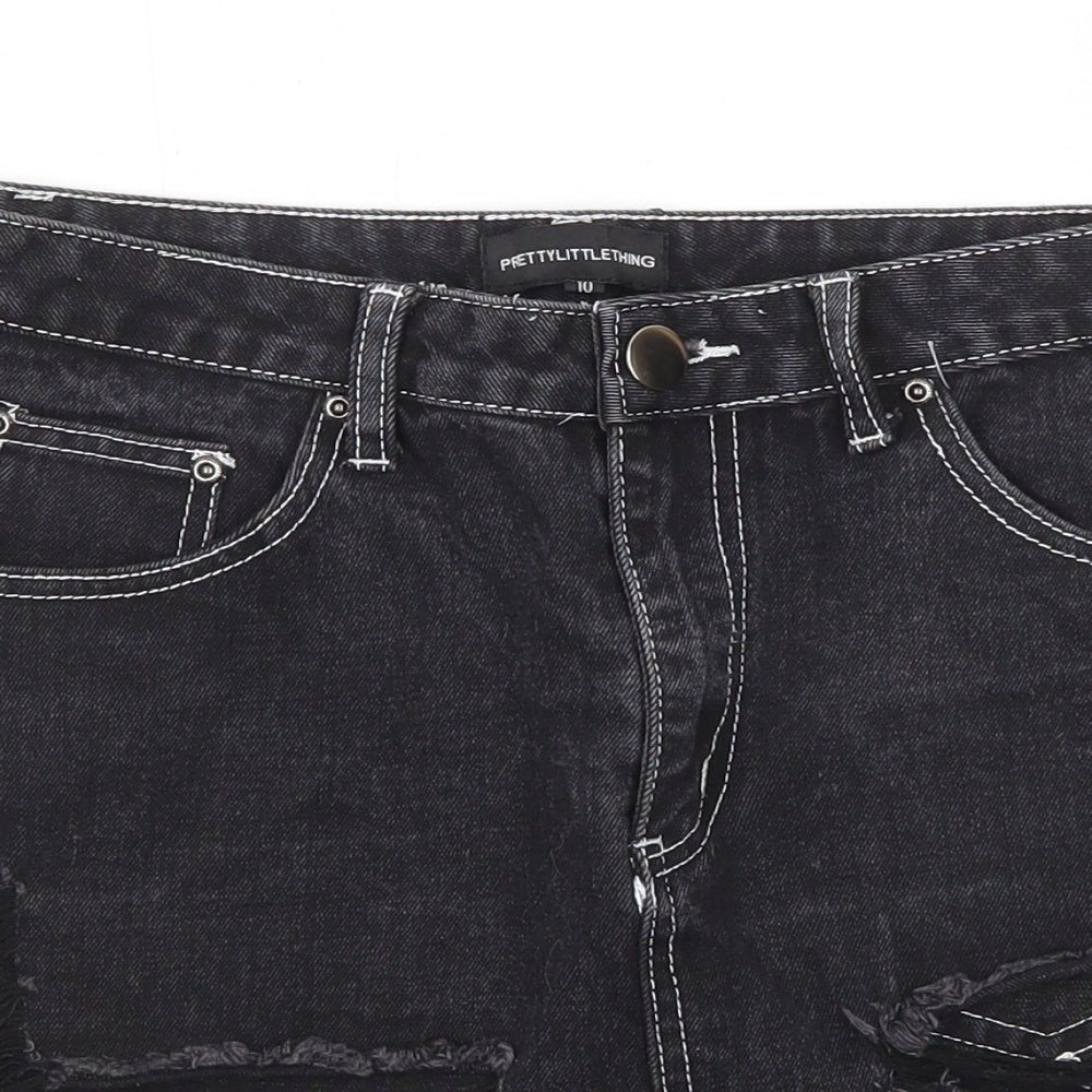 PRETTYLITTLETHING Womens Black Cotton Mini Skirt Size 10 Zip - Distressed look