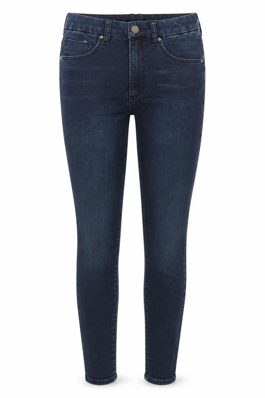 Front view of ASOS women’s blue cotton skinny jeans, size UK 26, in, 36-inch leg regular zip