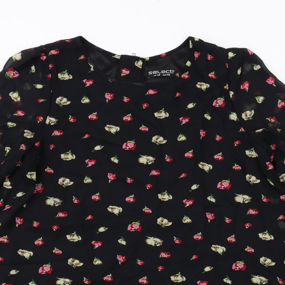 Select Womens Black Floral Polyester Trapeze & Swing Size 14 Boat Neck Zip