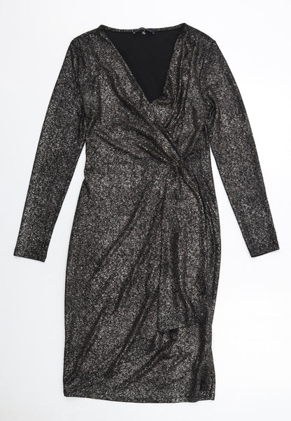 Marks and Spencer Womens Black Polyester Sheath Size 10 V-Neck Pullover - Wrap Front Detail