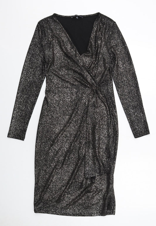 Marks and Spencer Womens Black Polyester Sheath Size 10 V-Neck Pullover - Wrap Front Detail