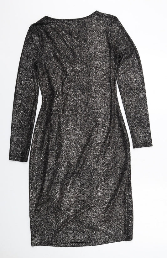 Marks and Spencer Womens Black Polyester Sheath Size 10 V-Neck Pullover - Wrap Front Detail