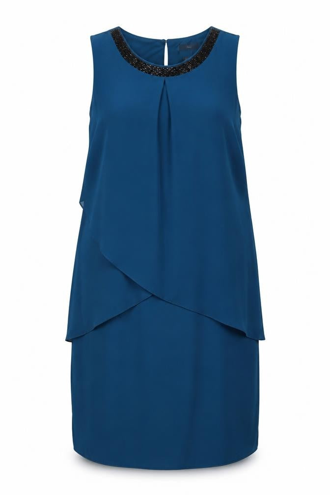 M&Co Womens Blue Polyester Sheath Size 12 Boat Neck Button - Embellished Neckline