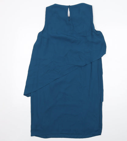 M&Co Womens Blue Polyester Sheath Size 12 Boat Neck Button - Embellished Neckline