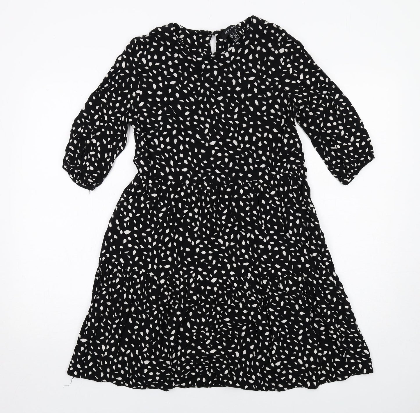 New Look Womens Black Geometric Viscose Fit & Flare Size 8 Boat Neck Button