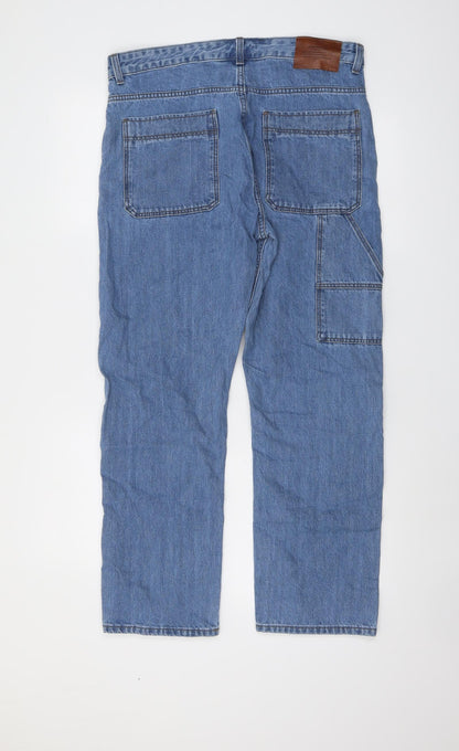 Marks and Spencer Mens Blue Cotton Straight Jeans Size 32 in L33 in Regular Button
