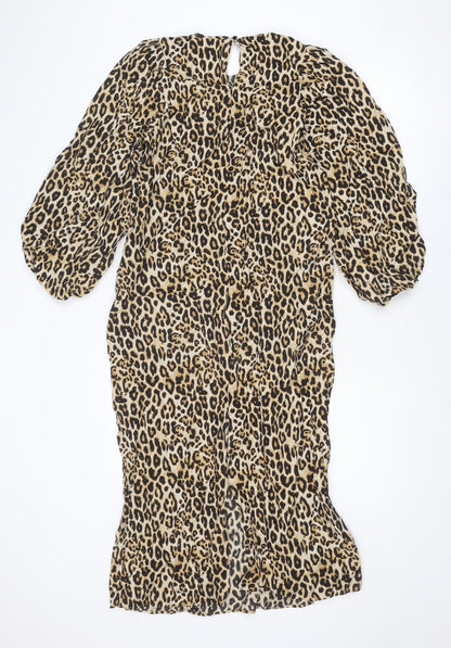 H&M Womens Brown Animal Print Viscose Sheath Size XS Round Neck Button - Leopard Print