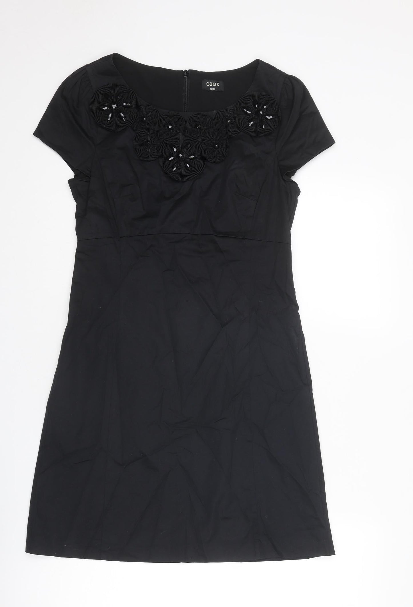 Oasis Womens Black Cotton Shift Size 10 Boat Neck Zip - Embellished