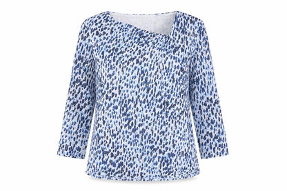 Classics Womens Blue Geometric Polyester Basic Blouse Size 10 V-Neck - Asymmetric Neckline