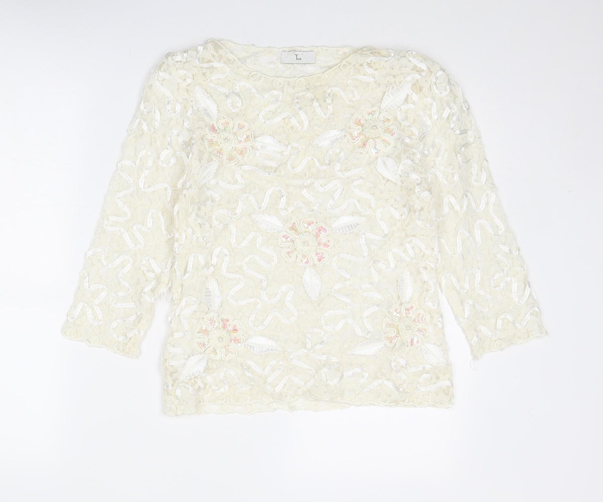Tia Womens Ivory Polyester Basic Blouse Size 12 Round Neck