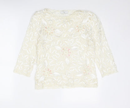 Tia Womens Ivory Polyester Basic Blouse Size 12 Round Neck