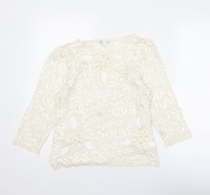 Tia Womens Ivory Polyester Basic Blouse Size 12 Round Neck