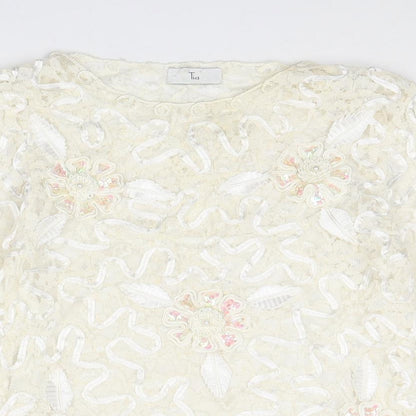 Tia Womens Ivory Polyester Basic Blouse Size 12 Round Neck