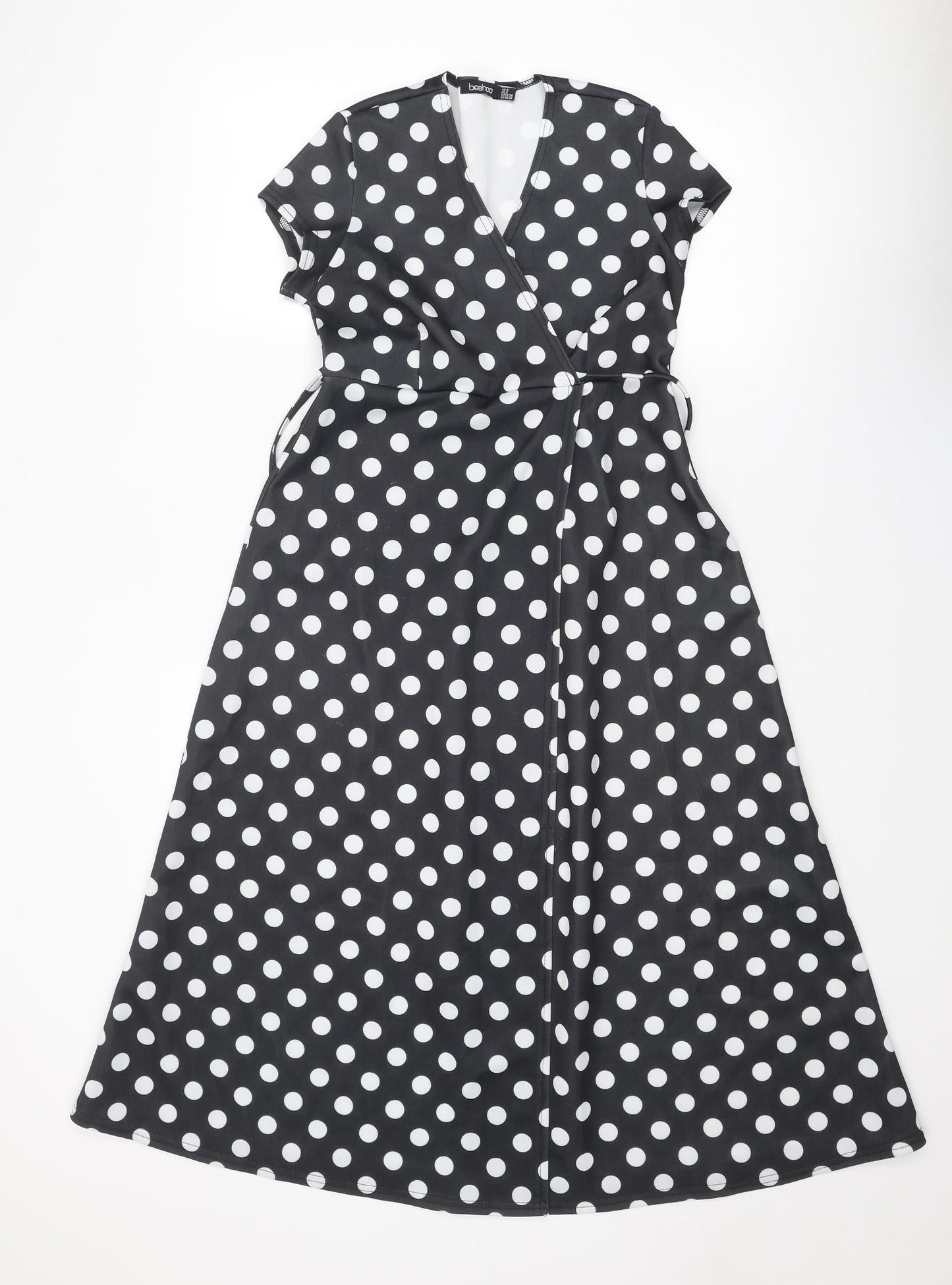 Boohoo Womens Black Polka Dot Polyester A-Line Size 8 V-Neck Tie